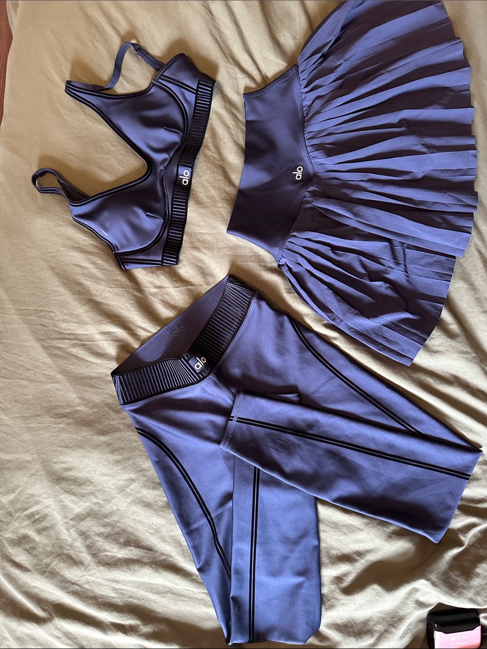 ALO Yoga Navy Active Trio — Sports Bra, Pleated Skirt & Leggings